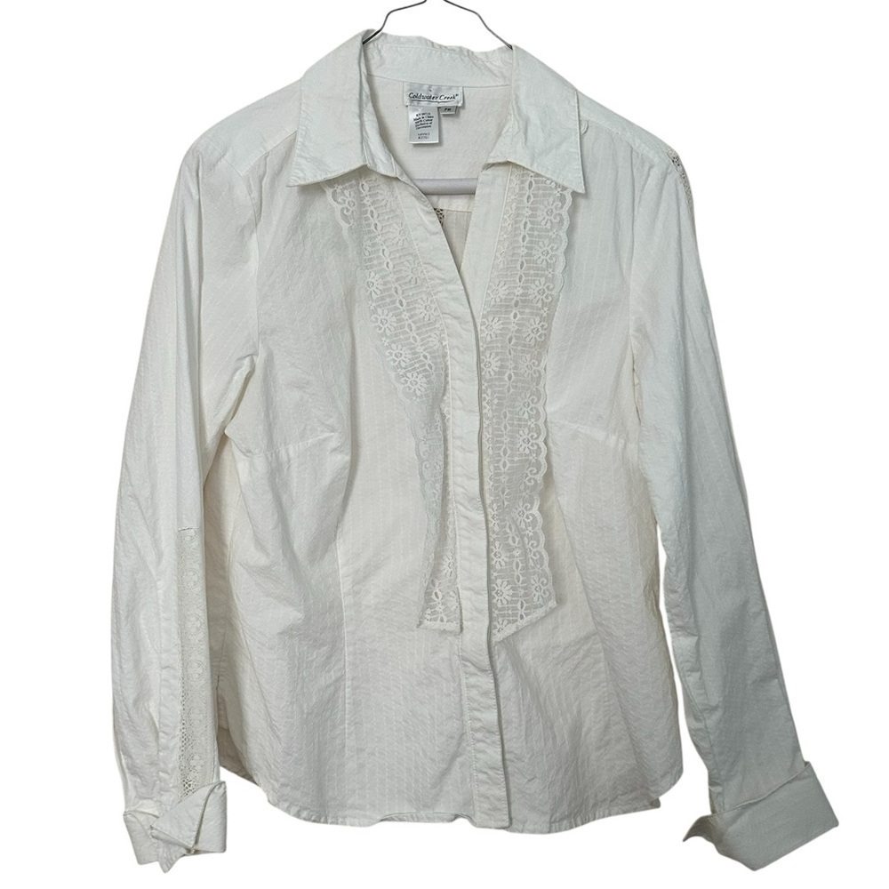 Coldwater Creek Shirt White Cotton Lace Ruffle Sz PM